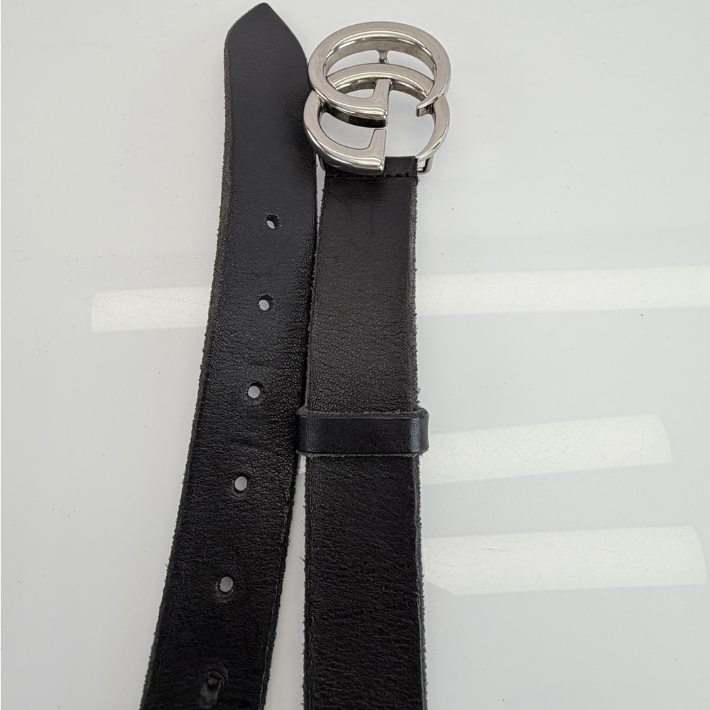 Gucci Black Raw Edge Leather Marmont Belt l Silver Buckle 414516 85/34 - Picture 7 of 11
